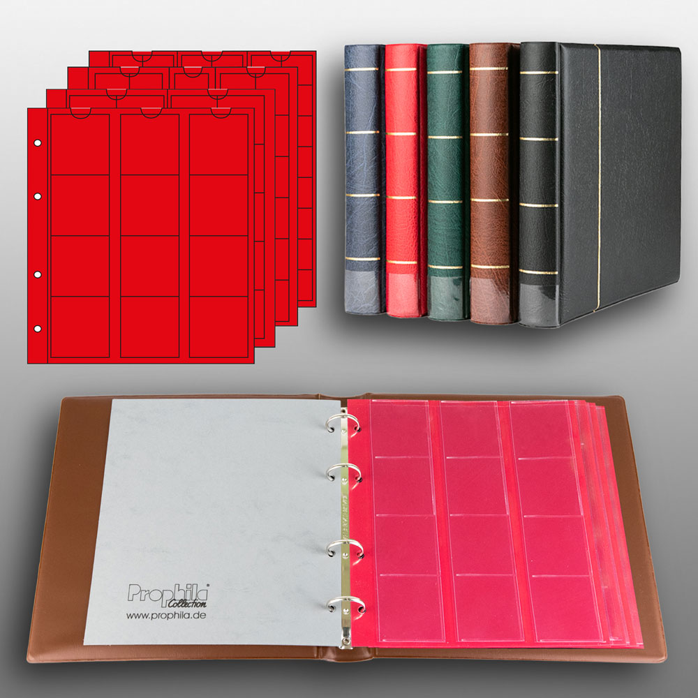 Prophila Collection Mnz-Album mit 4 Hllen (rote Zwischenbltter) fr 110 Mnzen braun