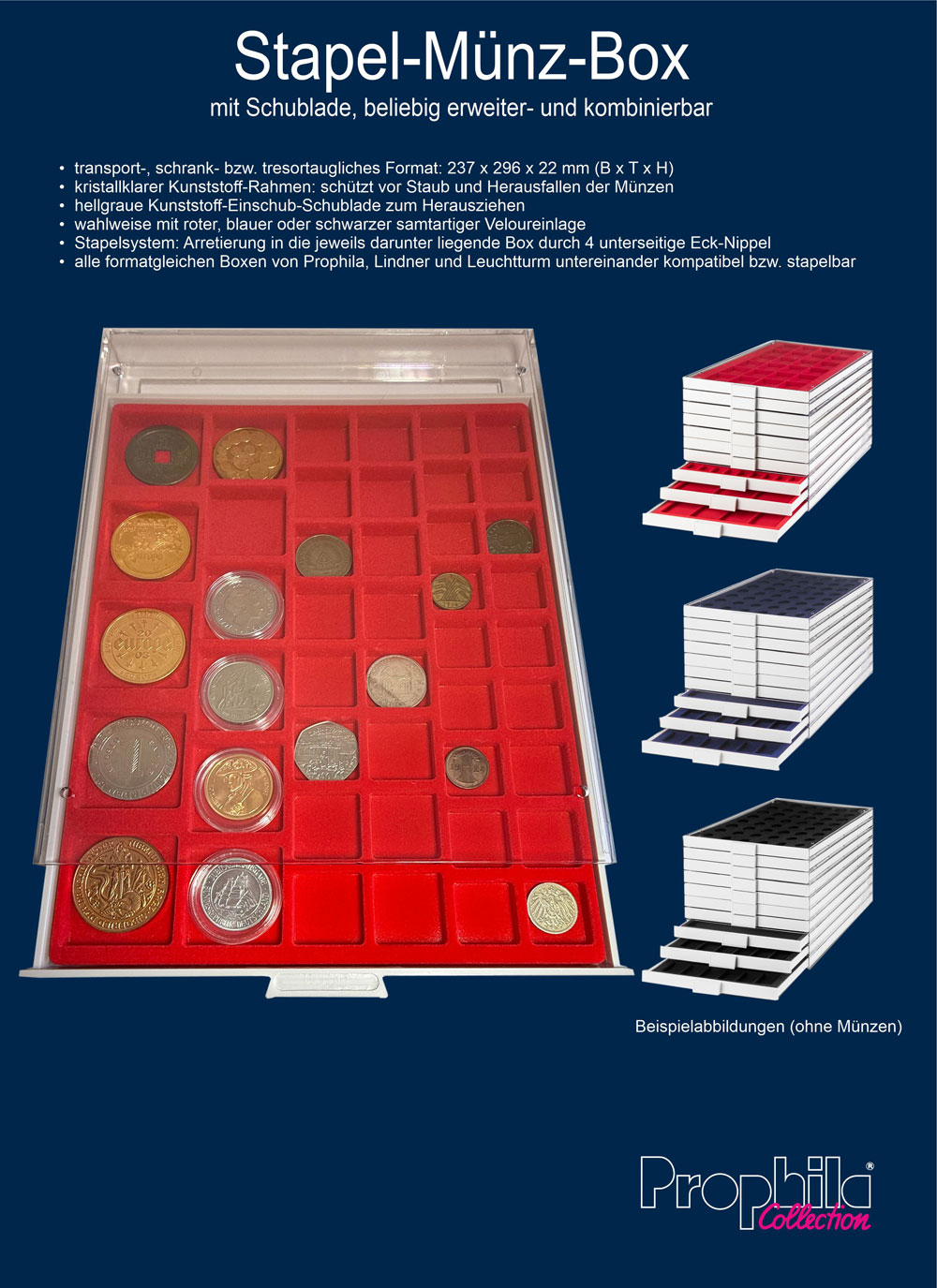 Prophila Collection Mnzbox grau 42 runde Fcher fr 2-Euro-Mnzen in Kapseln, Blaue Einlage