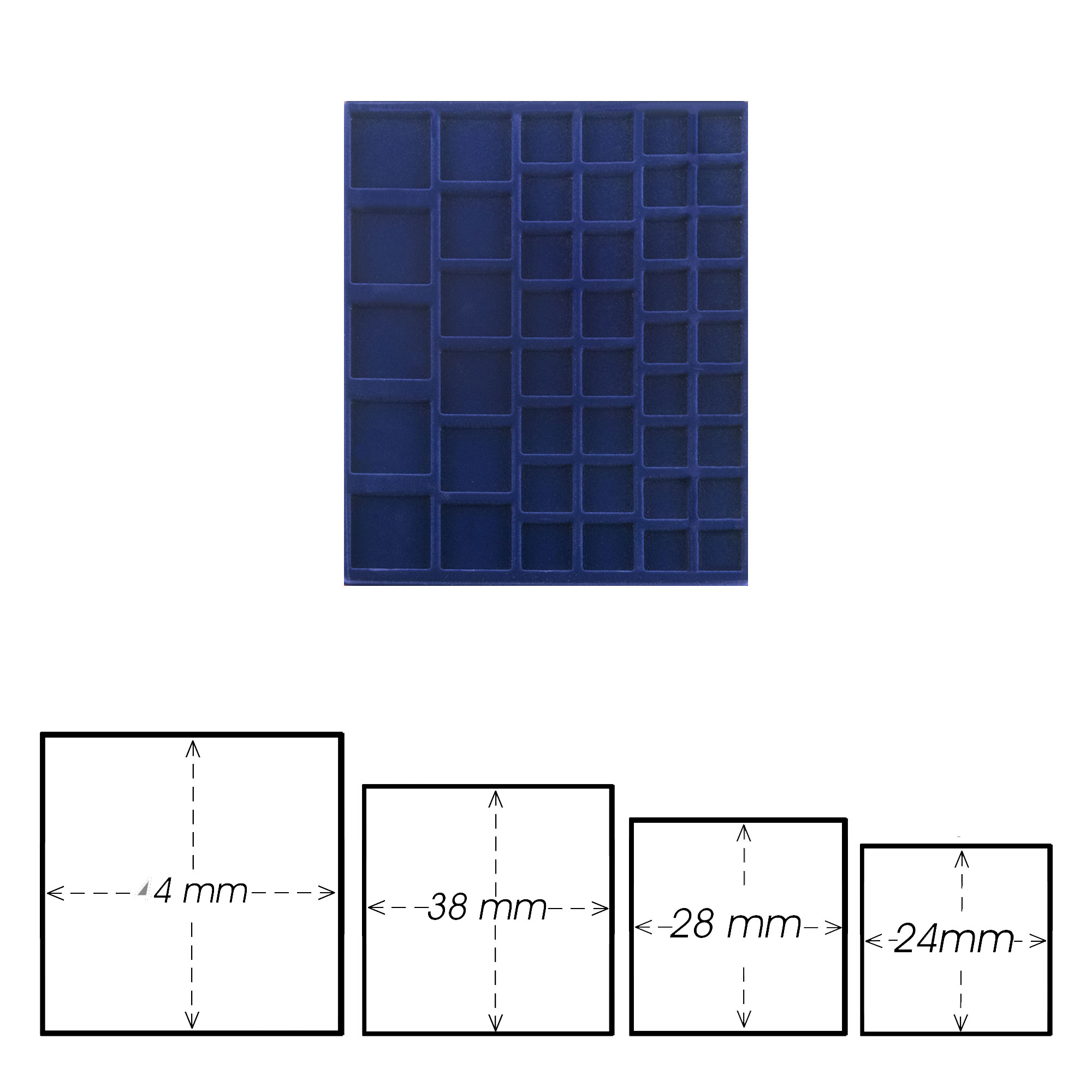 Prophila Collection blaue Veloureinlage fr Mnzbox, 45 eckige Fcher gemischt 4 Verschiedene Gren
