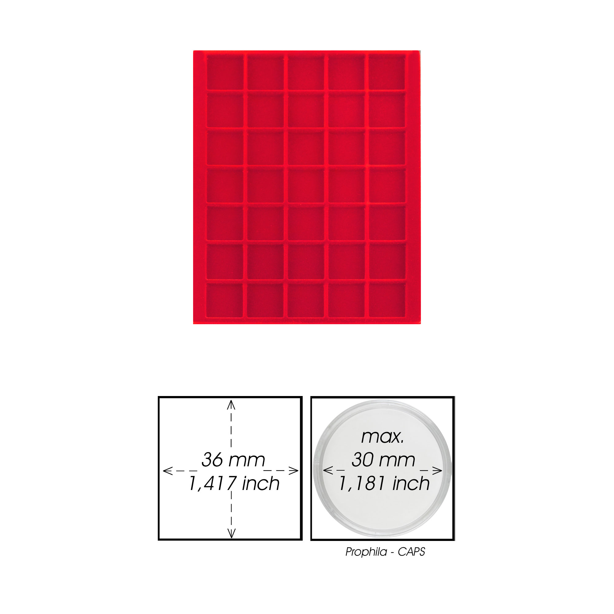 Prophila Collection rote Veloureinlage fr Mnzbox, 35 eckige Fcher fr Mnzen bis 36 mm, z. B. 10 DM, 10 Euro, 5 Rubel