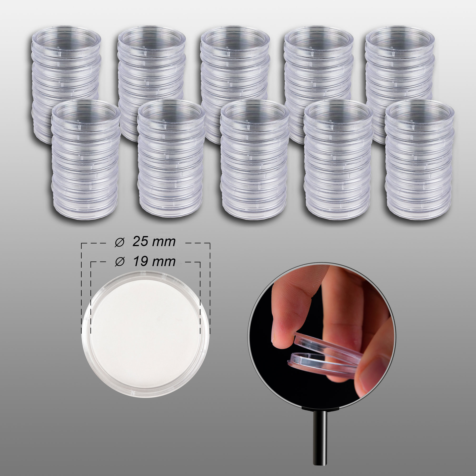 Prophila Collection 100 Mnzkapseln Innendurchmesser 19 mm z.B. fr 2-Euro-Cent, 5 Pfennig, 1/10 OZ. Lunar II Gold